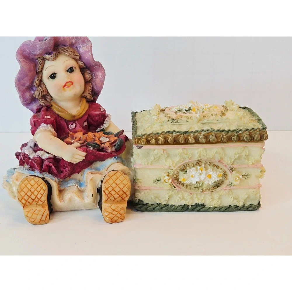 Vintage‎ Style Girl Figurine with Floral Hinged Trinket Box-Cottagecore